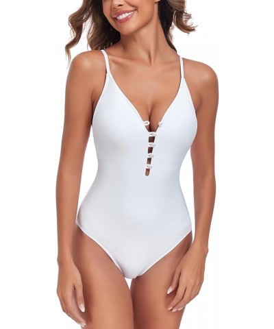 Bikinis Swimsuit Set for Women's One Piece Deep V Neck Cutout Swimsuit White $9.74 Swimsuits