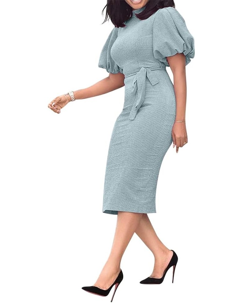 Stand Collar Short Sleeve Mid-Calf Lantern Sleeve Office Lady Bodycon Dress Light Blue $28.41 Suits