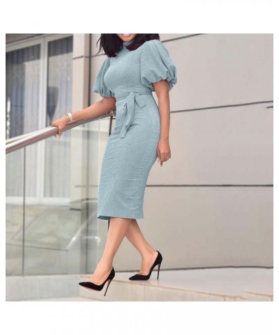 Stand Collar Short Sleeve Mid-Calf Lantern Sleeve Office Lady Bodycon Dress Light Blue $28.41 Suits