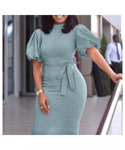 Stand Collar Short Sleeve Mid-Calf Lantern Sleeve Office Lady Bodycon Dress Light Blue $28.41 Suits