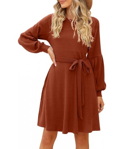 Womens Knit Dress Long Sleeve Crew Neck Short Dress Babydoll Sweater Dresses with Pockets Belt 2023 B-caramel $21.19 Sweaters