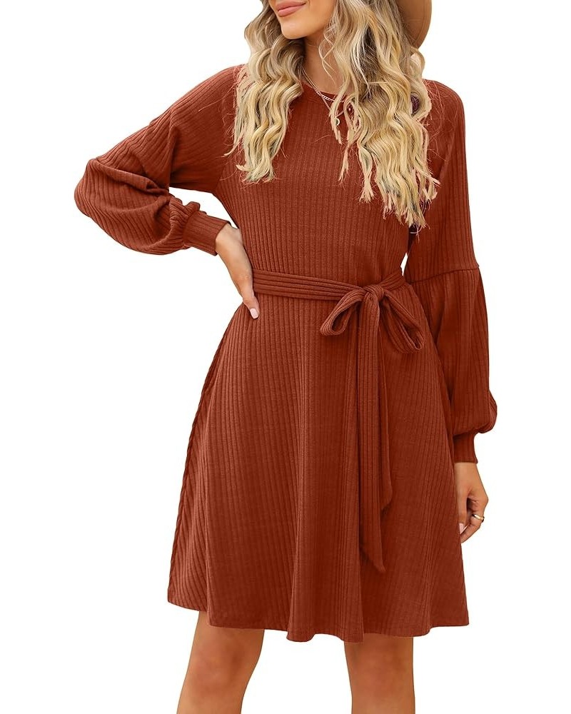 Womens Knit Dress Long Sleeve Crew Neck Short Dress Babydoll Sweater Dresses with Pockets Belt 2023 B-caramel $21.19 Sweaters