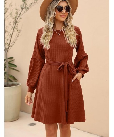 Womens Knit Dress Long Sleeve Crew Neck Short Dress Babydoll Sweater Dresses with Pockets Belt 2023 B-caramel $21.19 Sweaters