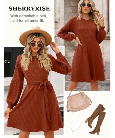 Womens Knit Dress Long Sleeve Crew Neck Short Dress Babydoll Sweater Dresses with Pockets Belt 2023 B-caramel $21.19 Sweaters