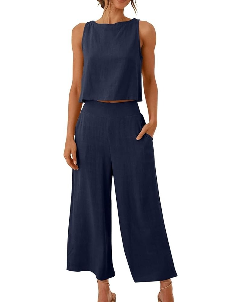 Linen Set for Women Summer Outfits Matching Crop Top and Pant Set Tank Wide Leg Lounge Set with Pockets Navy Linen Set $5.21 ...