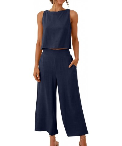 Linen Set for Women Summer Outfits Matching Crop Top and Pant Set Tank Wide Leg Lounge Set with Pockets Navy Linen Set $5.21 ...