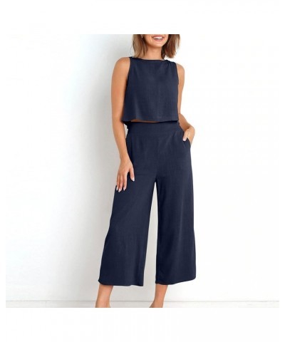 Linen Set for Women Summer Outfits Matching Crop Top and Pant Set Tank Wide Leg Lounge Set with Pockets Navy Linen Set $5.21 ...