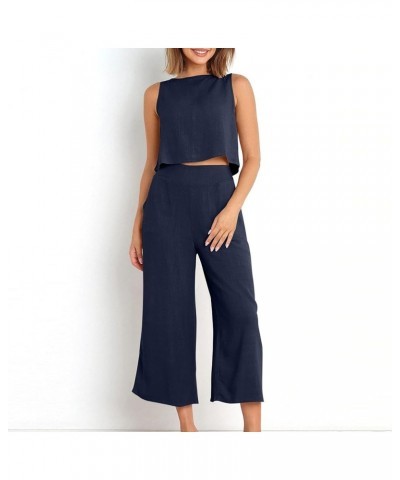 Linen Set for Women Summer Outfits Matching Crop Top and Pant Set Tank Wide Leg Lounge Set with Pockets Navy Linen Set $5.21 ...