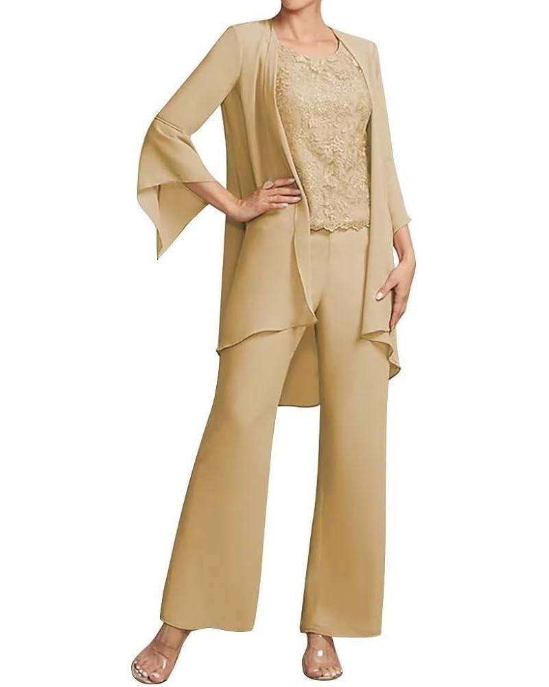 Women's 3 Piece Mother of Bride Pant Suits Lace Appliques Chiffon Outfit Formal Dress Evening Gowns with Jacket Gold $40.54 S...