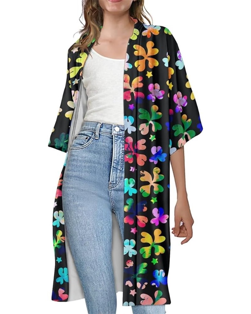 Women's Van Gogh Oil Painting Printed Open Front Long Cardigan Shirt Kimono Outwear Coat Rainbow Shamrock $10.00 Sweaters