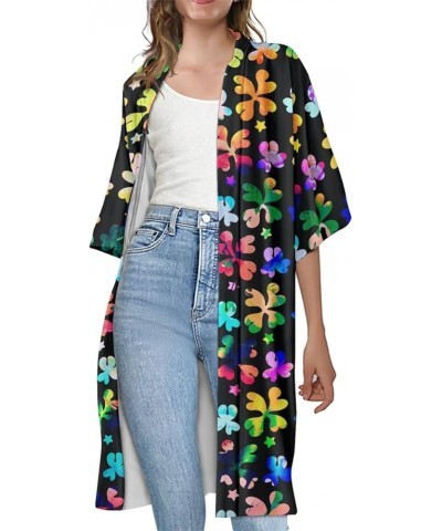 Women's Van Gogh Oil Painting Printed Open Front Long Cardigan Shirt Kimono Outwear Coat Rainbow Shamrock $10.00 Sweaters