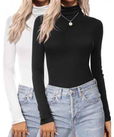 Women's Turtleneck Long Sleeve Shirts Lightweight Base Layer Solid Slim Fit Tops(S-XXL) 2 Pcs Black/White $14.10 Underwear