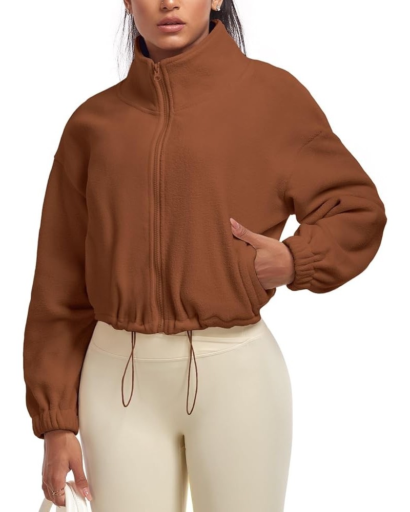 2023 Women's Sherpa Fleece Cropped Jacket Full Zip Long Sleeve Stand Collar Crop Short Coat Winter Fall Workout Rust Brown $1...