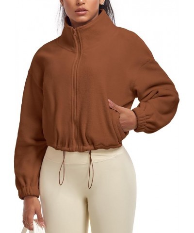 2023 Women's Sherpa Fleece Cropped Jacket Full Zip Long Sleeve Stand Collar Crop Short Coat Winter Fall Workout Rust Brown $1...