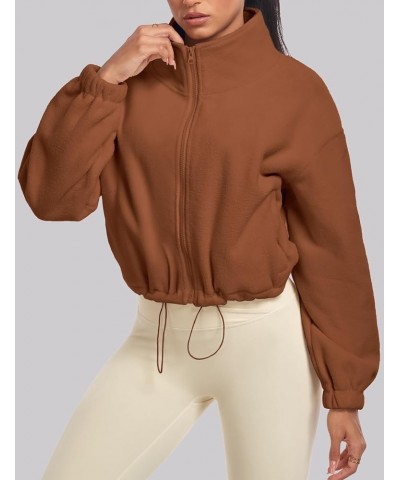 2023 Women's Sherpa Fleece Cropped Jacket Full Zip Long Sleeve Stand Collar Crop Short Coat Winter Fall Workout Rust Brown $1...