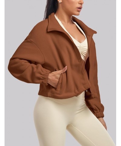 2023 Women's Sherpa Fleece Cropped Jacket Full Zip Long Sleeve Stand Collar Crop Short Coat Winter Fall Workout Rust Brown $1...