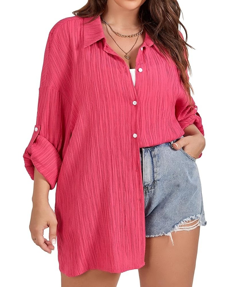 Women Plus Size Button Down Shirts Long Roll Up Sleeve V Neck Collared Casual Blouses Tops XL-5XL Hotpink $12.37 Blouses