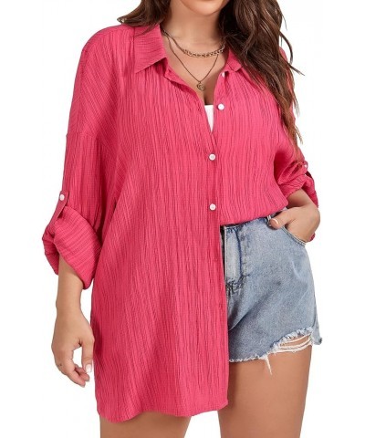 Women Plus Size Button Down Shirts Long Roll Up Sleeve V Neck Collared Casual Blouses Tops XL-5XL Hotpink $12.37 Blouses