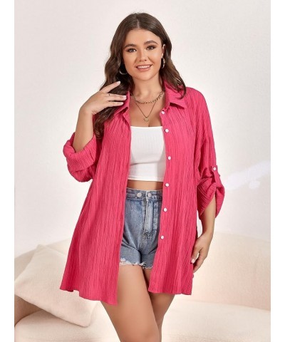 Women Plus Size Button Down Shirts Long Roll Up Sleeve V Neck Collared Casual Blouses Tops XL-5XL Hotpink $12.37 Blouses