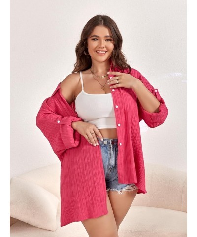 Women Plus Size Button Down Shirts Long Roll Up Sleeve V Neck Collared Casual Blouses Tops XL-5XL Hotpink $12.37 Blouses