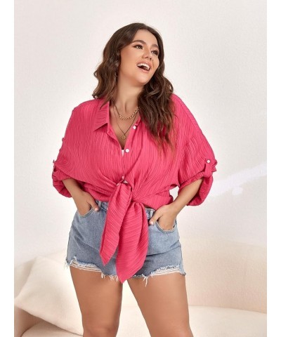 Women Plus Size Button Down Shirts Long Roll Up Sleeve V Neck Collared Casual Blouses Tops XL-5XL Hotpink $12.37 Blouses