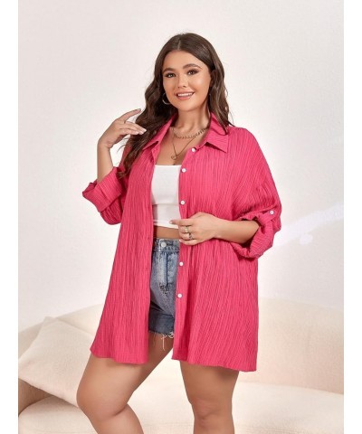 Women Plus Size Button Down Shirts Long Roll Up Sleeve V Neck Collared Casual Blouses Tops XL-5XL Hotpink $12.37 Blouses