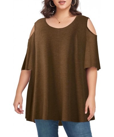 Cold Shoulder Tops Women's Plus Size Tunics Bell Sleeve Casual Loose Tee T-Shirts Heather Brown $11.39 Tops