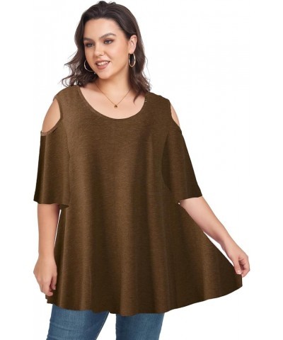 Cold Shoulder Tops Women's Plus Size Tunics Bell Sleeve Casual Loose Tee T-Shirts Heather Brown $11.39 Tops