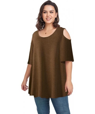 Cold Shoulder Tops Women's Plus Size Tunics Bell Sleeve Casual Loose Tee T-Shirts Heather Brown $11.39 Tops