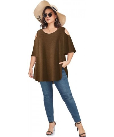 Cold Shoulder Tops Women's Plus Size Tunics Bell Sleeve Casual Loose Tee T-Shirts Heather Brown $11.39 Tops