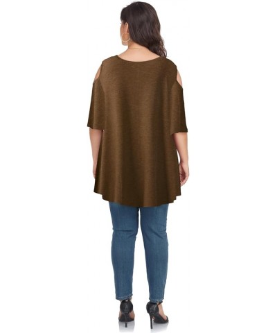 Cold Shoulder Tops Women's Plus Size Tunics Bell Sleeve Casual Loose Tee T-Shirts Heather Brown $11.39 Tops