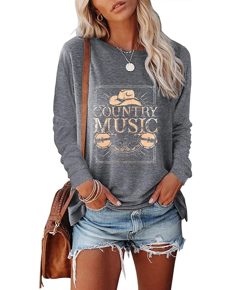 Country Music Shirts for Women Guitar Cowboy Hat Graphic Tees Shirt Vintage Country Casual Loose Tops O-gray $11.39 T-Shirts