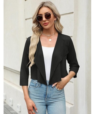 Womens 3/4 Sleeve Shrug Lightweight Knitted Ruffled Cropped Thin Cardigan Summer Short Cover Up Blouse Black $9.35 Sweaters