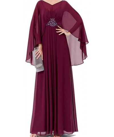 Long Sleeve Mother of The Bride Dresses for Wedding Chiffon V Neck Formal Evening Dress with Cape Burgundy $37.24 Dresses