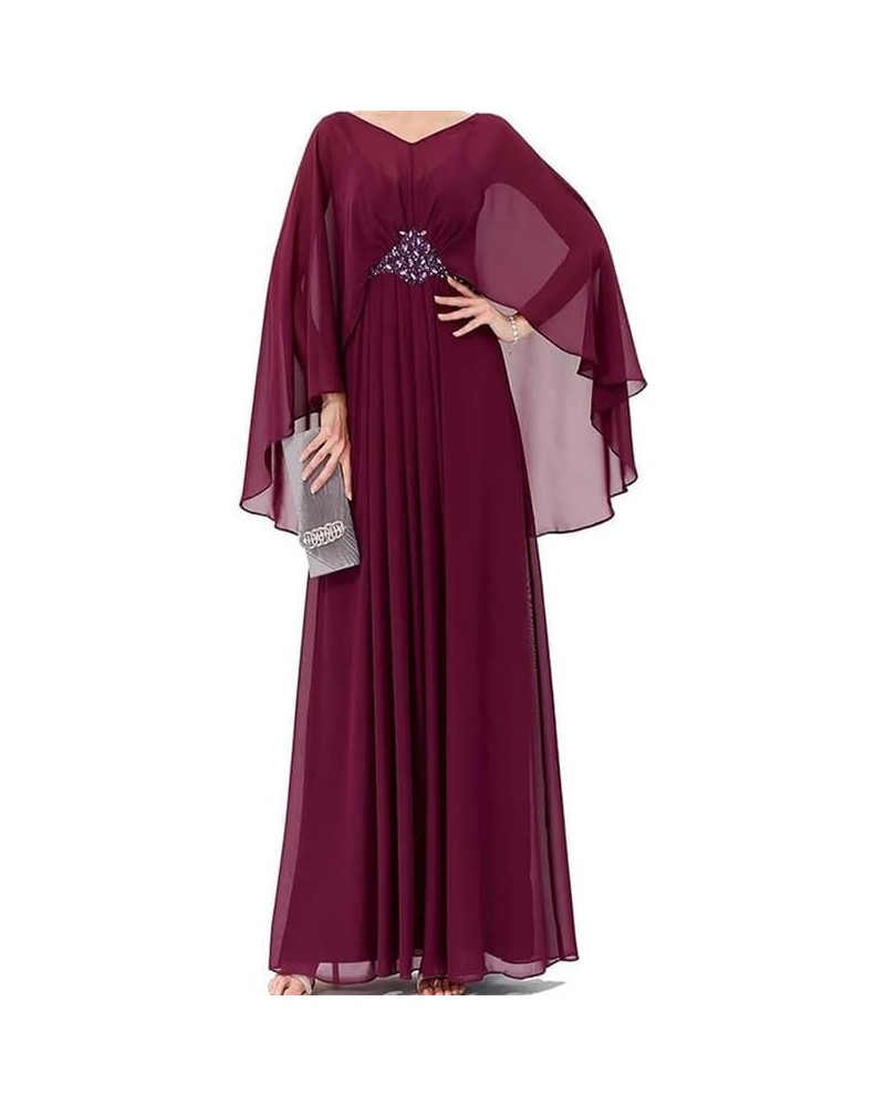 Long Sleeve Mother of The Bride Dresses for Wedding Chiffon V Neck Formal Evening Dress with Cape Burgundy $37.24 Dresses