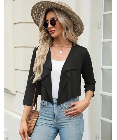 Womens 3/4 Sleeve Shrug Lightweight Knitted Ruffled Cropped Thin Cardigan Summer Short Cover Up Blouse Black $9.35 Sweaters