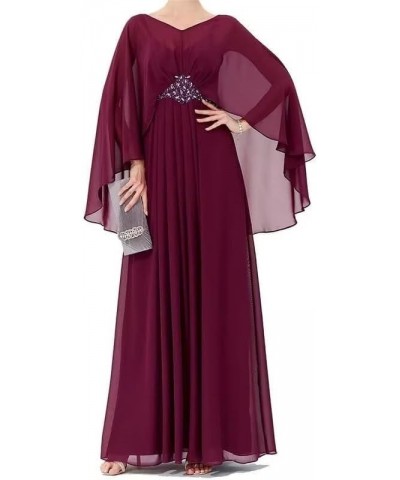 Long Sleeve Mother of The Bride Dresses for Wedding Chiffon V Neck Formal Evening Dress with Cape Burgundy $37.24 Dresses