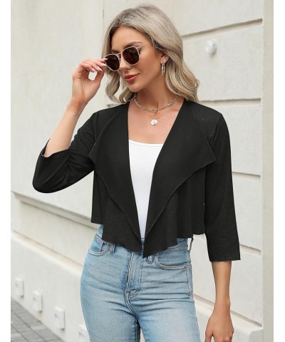 Womens 3/4 Sleeve Shrug Lightweight Knitted Ruffled Cropped Thin Cardigan Summer Short Cover Up Blouse Black $9.35 Sweaters