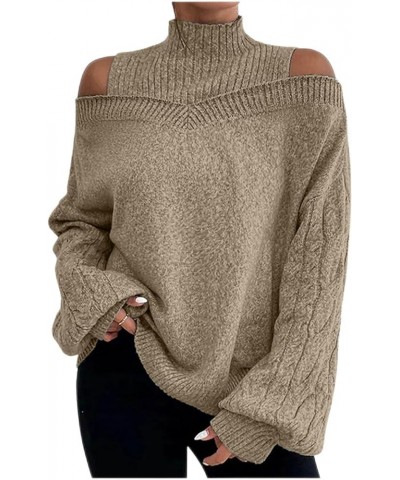 Women's Turtleneck Off The Shoulder Sweaters Oversized Sexy Long Sleeve Ribbed Knit Pullover Outfit Sweater Khaki $13.24 Swea...