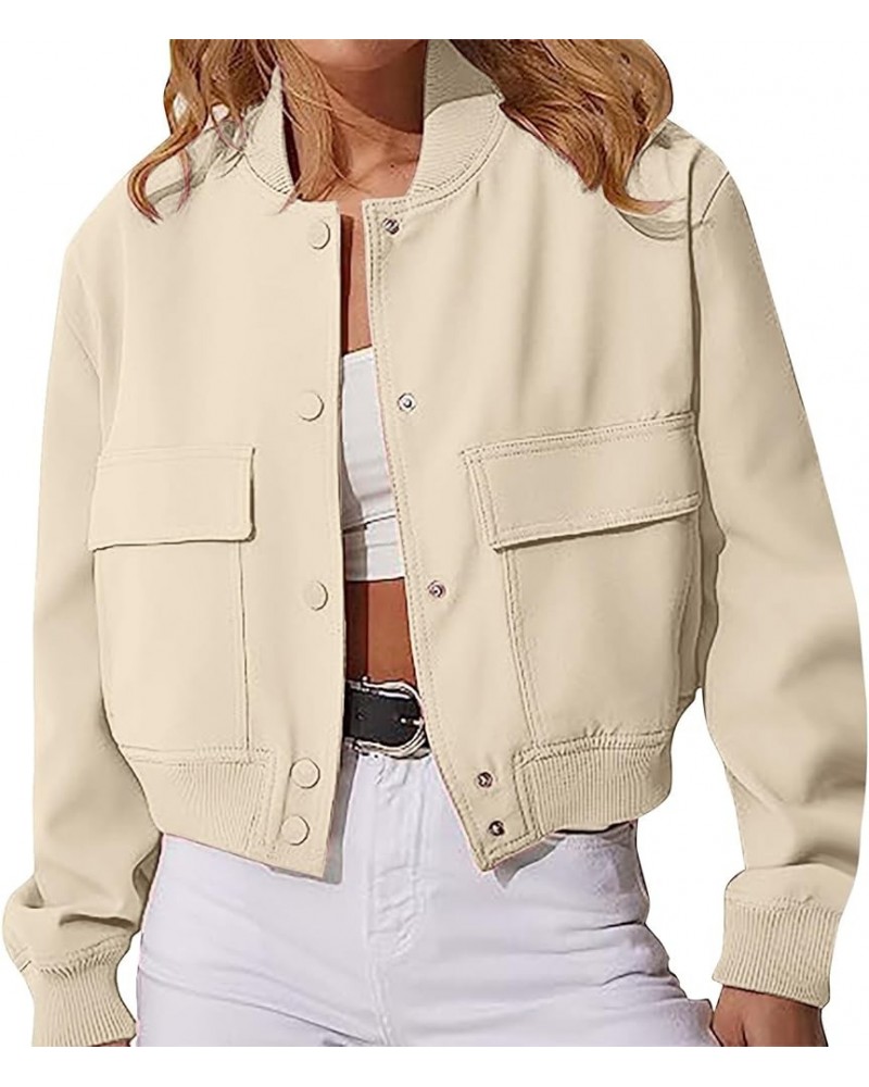 Jackets For Women Fashion Women's Stand Collar Double Pocket Solid Color Motorcycle Jacket Long Sleeve Coat White $14.26 Jackets