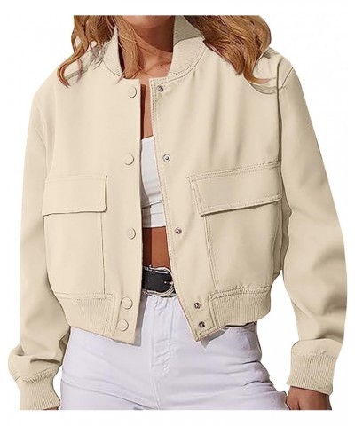 Jackets For Women Fashion Women's Stand Collar Double Pocket Solid Color Motorcycle Jacket Long Sleeve Coat White $14.26 Jackets