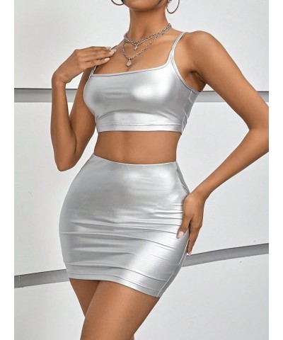 Women's 2 Piece Metallic Outfits Sleeveless Crop Cami Top Bodycon Pencil Mini Skirt Set Silver $14.70 Suits