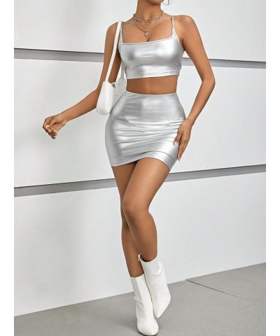 Women's 2 Piece Metallic Outfits Sleeveless Crop Cami Top Bodycon Pencil Mini Skirt Set Silver $14.70 Suits