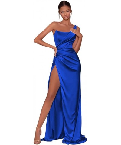 One Shoulder Prom Dresses with Slit for Women Long Pleated Satin Mermaid Evening Party Gowns Royal Blue $29.14 Dresses