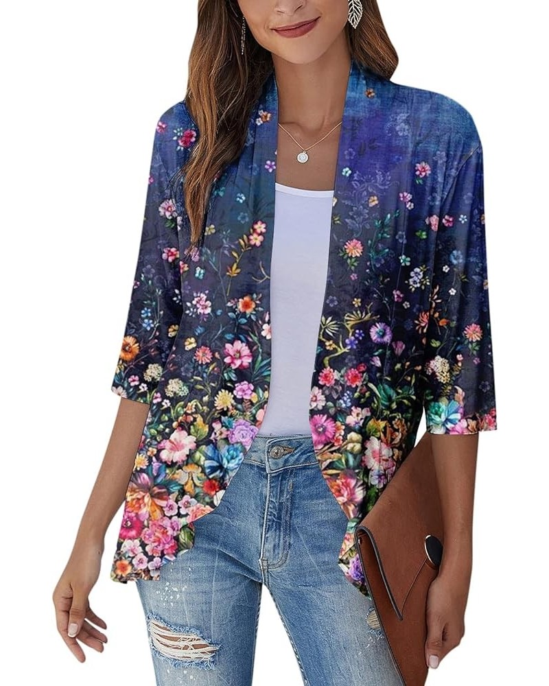 Long Sleeve Kimono for Women Lightweight 3/4 Sleeve Cardigans Retro Print Jackets Casual Duster Blouse Tops Coat 7-blue $8.36...