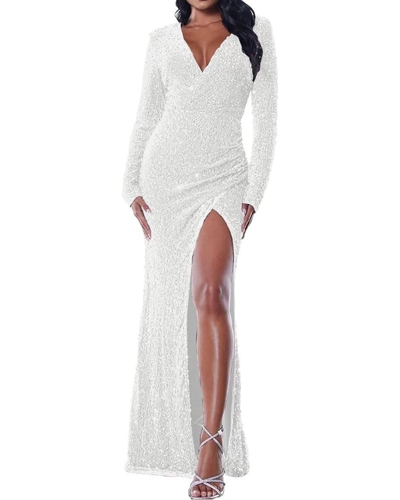 Long Sleeve Prom Dress with Slit Sequin Long Sparkly Long Sleeve Formal Dress Evening Party Gowns White $32.76 Dresses