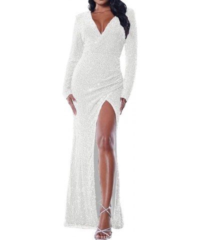 Long Sleeve Prom Dress with Slit Sequin Long Sparkly Long Sleeve Formal Dress Evening Party Gowns White $32.76 Dresses