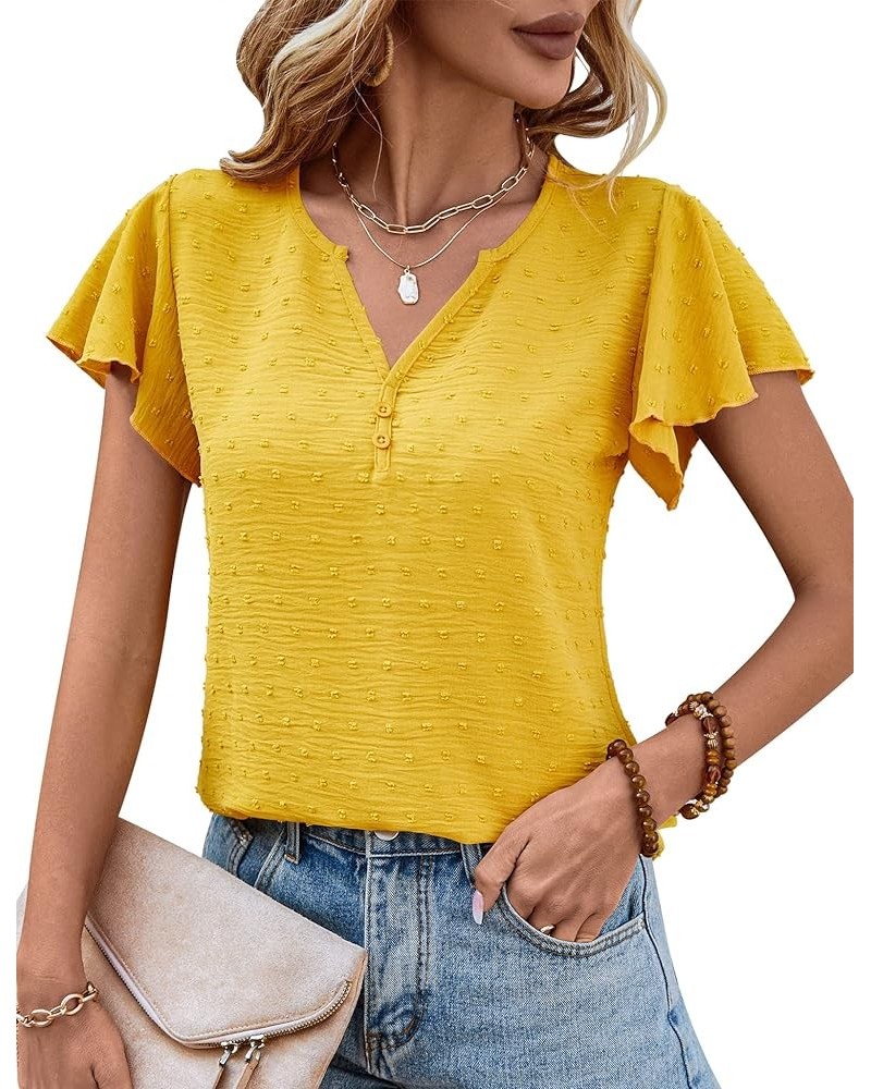 Women Flutter Sleeve V Neck Tops Swiss Dot Chiffon Blouse Yellow $8.09 Blouses