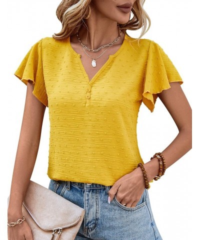 Women Flutter Sleeve V Neck Tops Swiss Dot Chiffon Blouse Yellow $8.09 Blouses