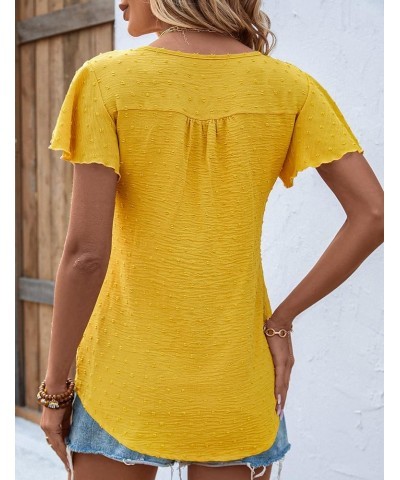 Women Flutter Sleeve V Neck Tops Swiss Dot Chiffon Blouse Yellow $8.09 Blouses